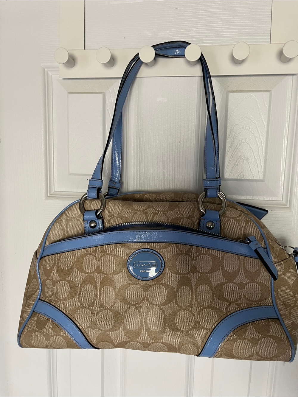 Coach Signature Tan and Blue Shoulder Bag DAMAGED